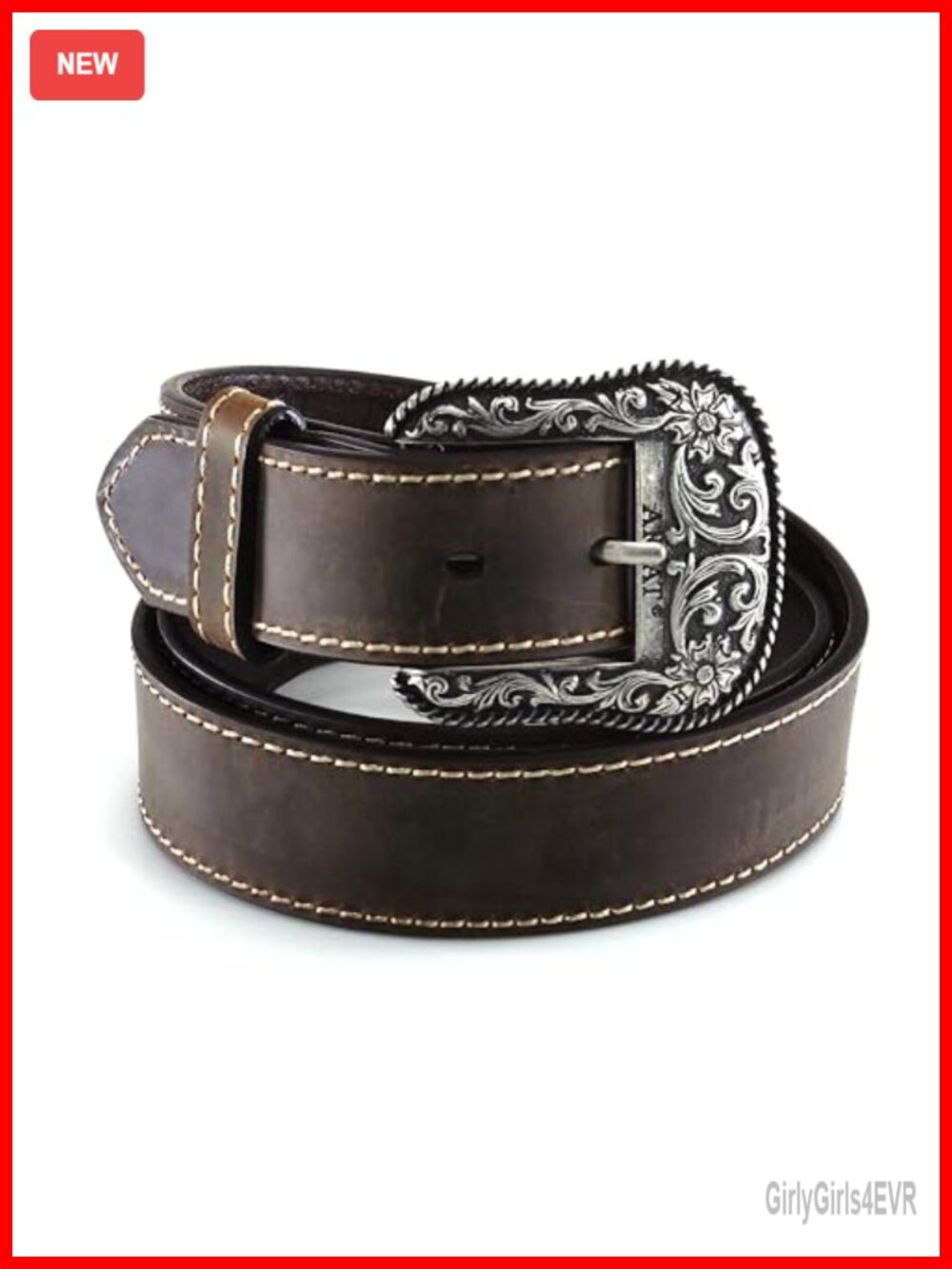 Genuine Leather Western Belt Heavy Stitched Floral Buckle